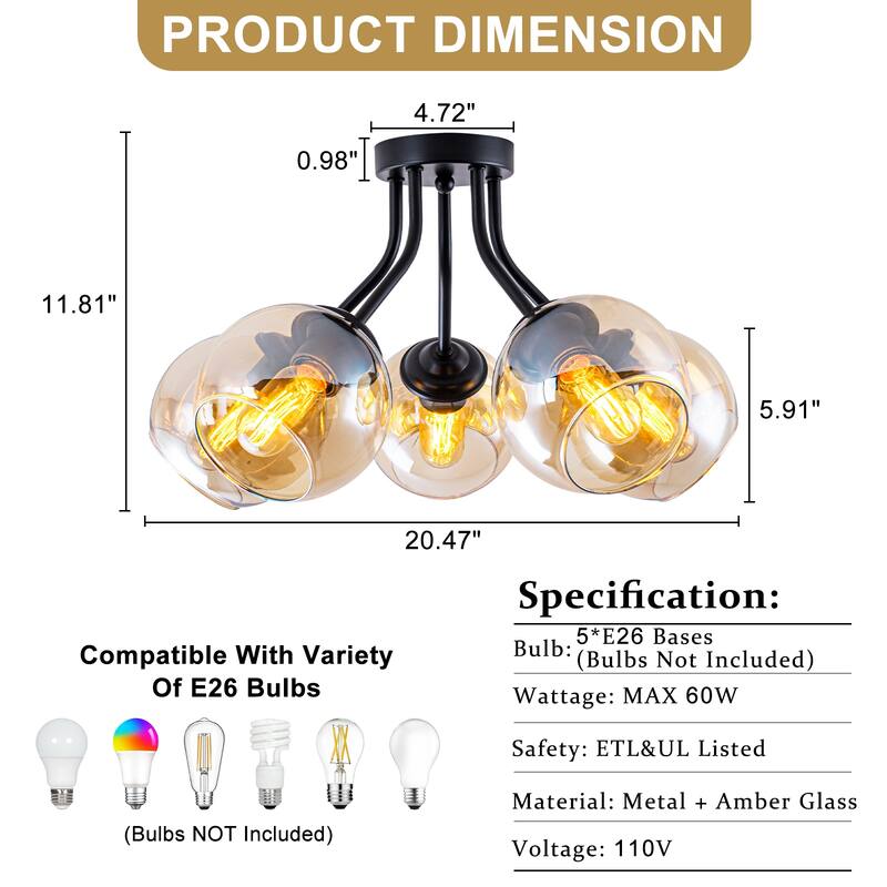 5 Lights Semi-Flush Mount Ceiling Light with Amber Glass Shade Sputnik - Dia.20.47-in