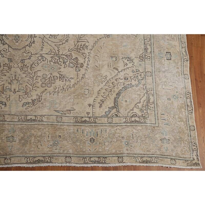 Hand Knotted Oriental 100% Wool Carpet Traditional Floral Beige & Ivories Tabriz Area Rug - 12' 7'' X 9' 7''