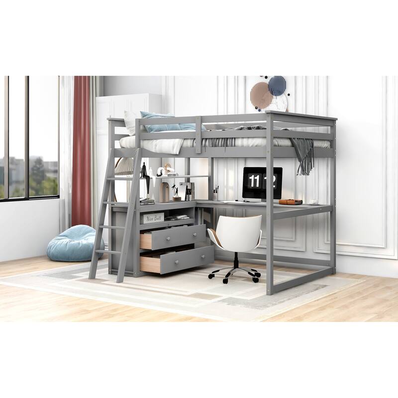 Full Size Loft Bed with Built-in Desk, Shelves & Drawers in Gray
