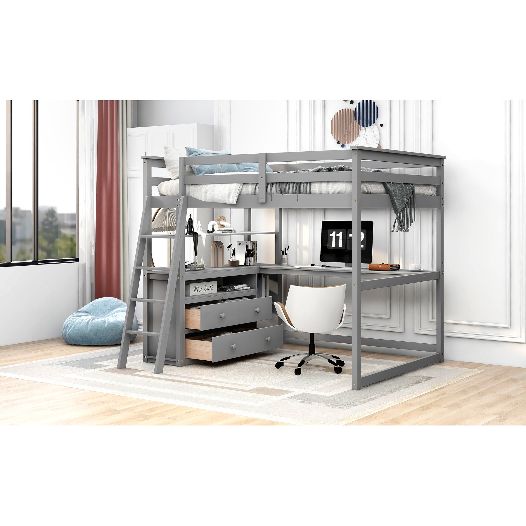 Full Size Loft Bed with Desk and Shelves, Built-in Drawers On