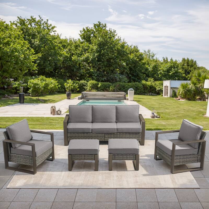 Gymojoy Outdoor Wicker Patio Furniture Sofa Set - 5-Piece Sofa Set - Club Chairs & Ottomans - Grey Wicker / Grey Cusion