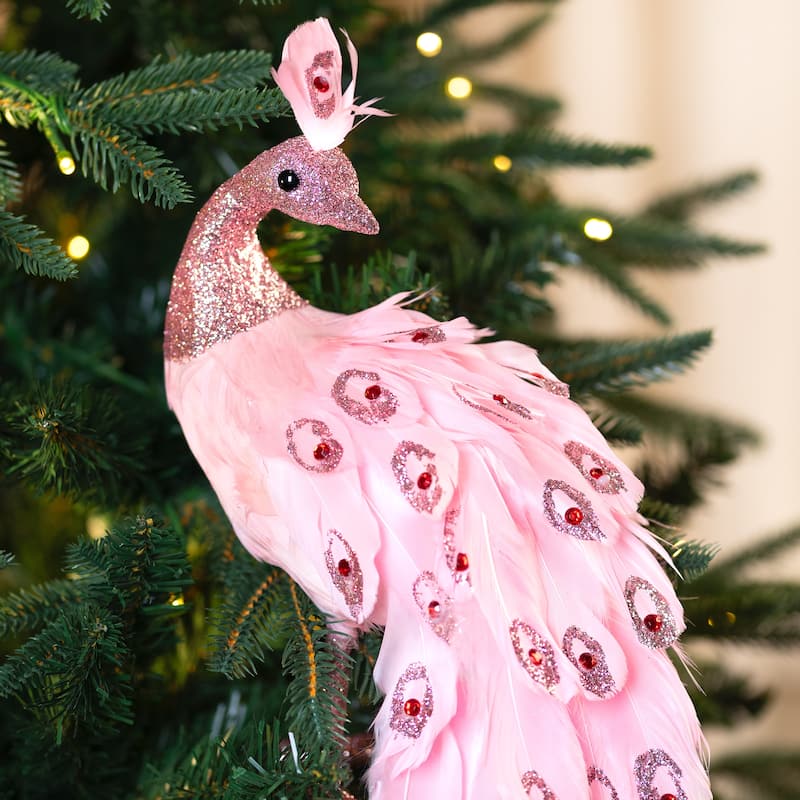 Peacock with Glitter and Faux Jewels Christmas Decoration - 20" - Light Pink