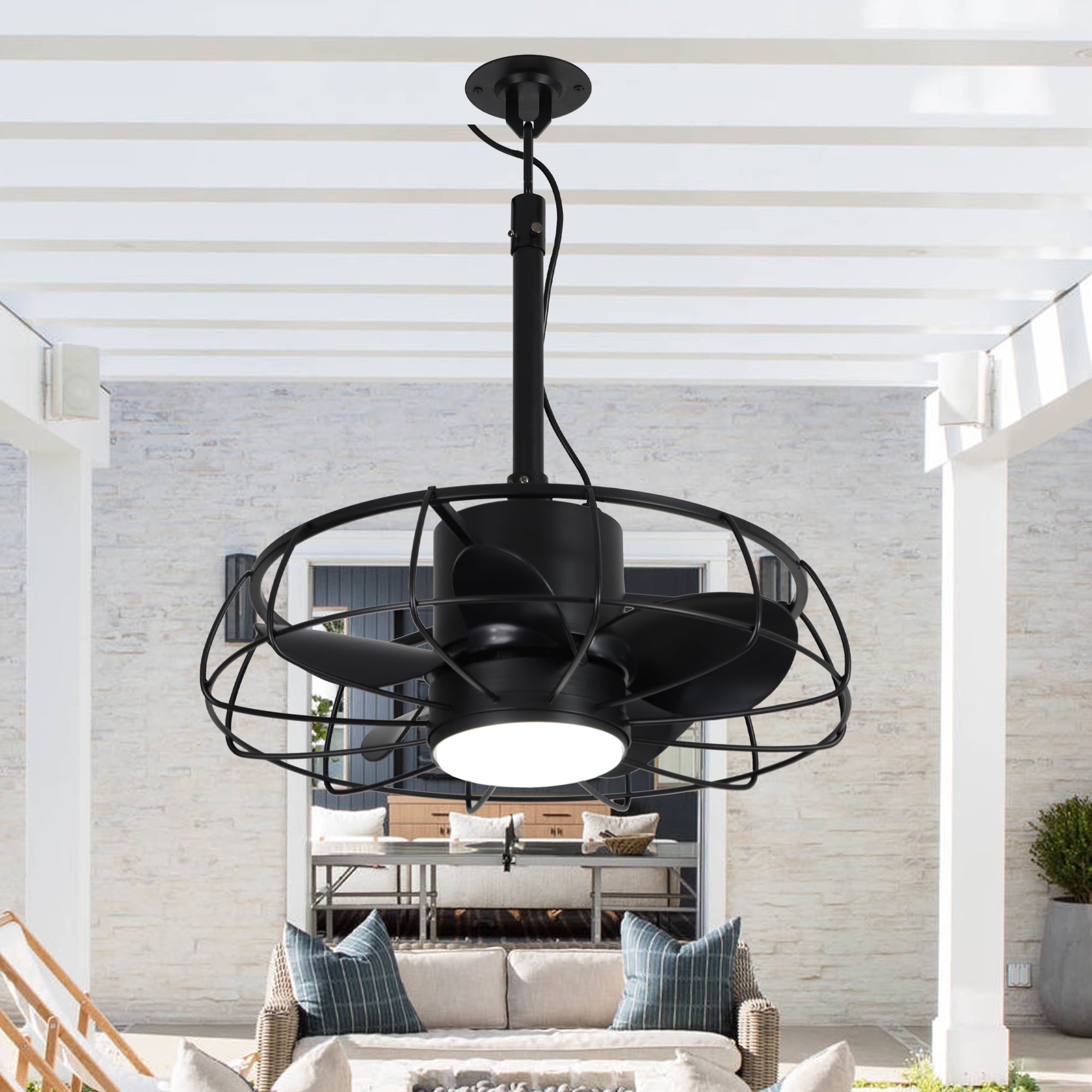 20" Industrial Black Indoor/Outdoor Chandelier Caged Ceiling Fan with Light and Remote