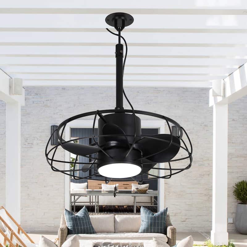 20" Industrial Black Outdoor Caged Ceiling Fan Chandelier with Light and Remote