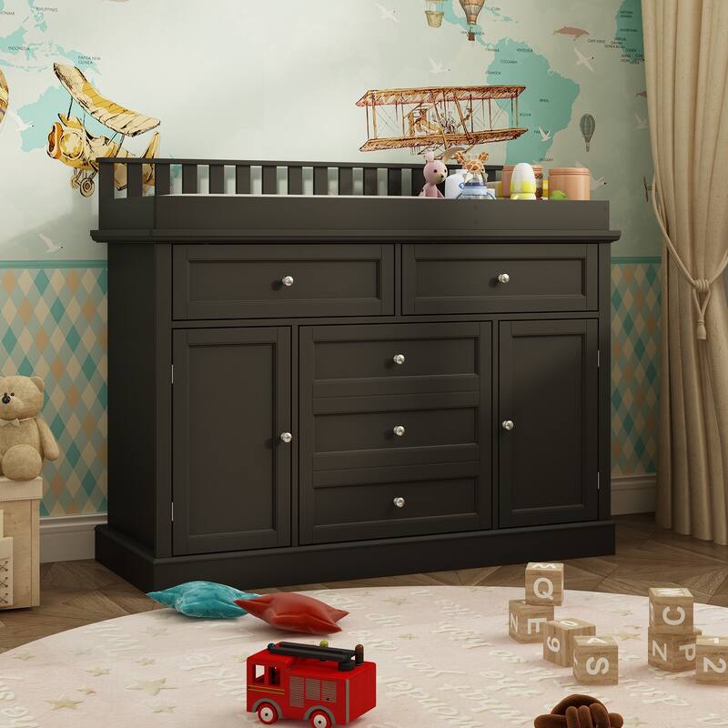 Classic White Baby Changing Table with Storage Cabinets and Drawers