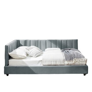Velvet Grey Full Size Upholstered Tufted Bed Frame with Backrest and Armrests, 80.5''*59''*30.5''