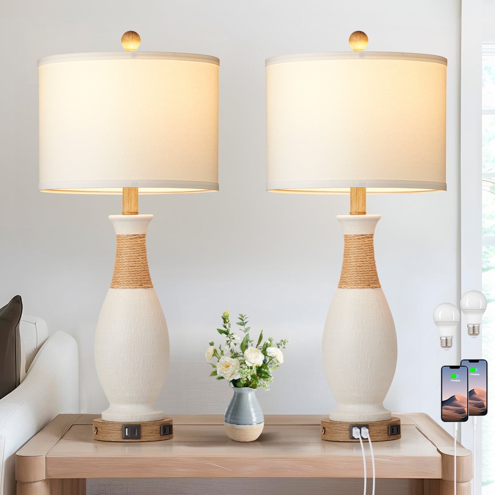 Table Lamp Gooseneck-Like White Resin Touch Dimming Switch USB and Type C  Charging Ports AC Outlet No Strobe - Bed Bath \u0026 Beyond - 40341709, image size:1600x1600