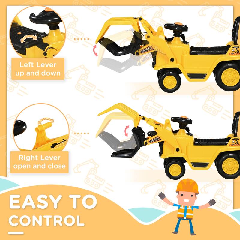 Kids Excavator Ride-On Toy with Rope Pull and Back-Up Beeps Storage Under Seat for Outdoor Play - 32.75" L x 10.75" W x 15.25" H
