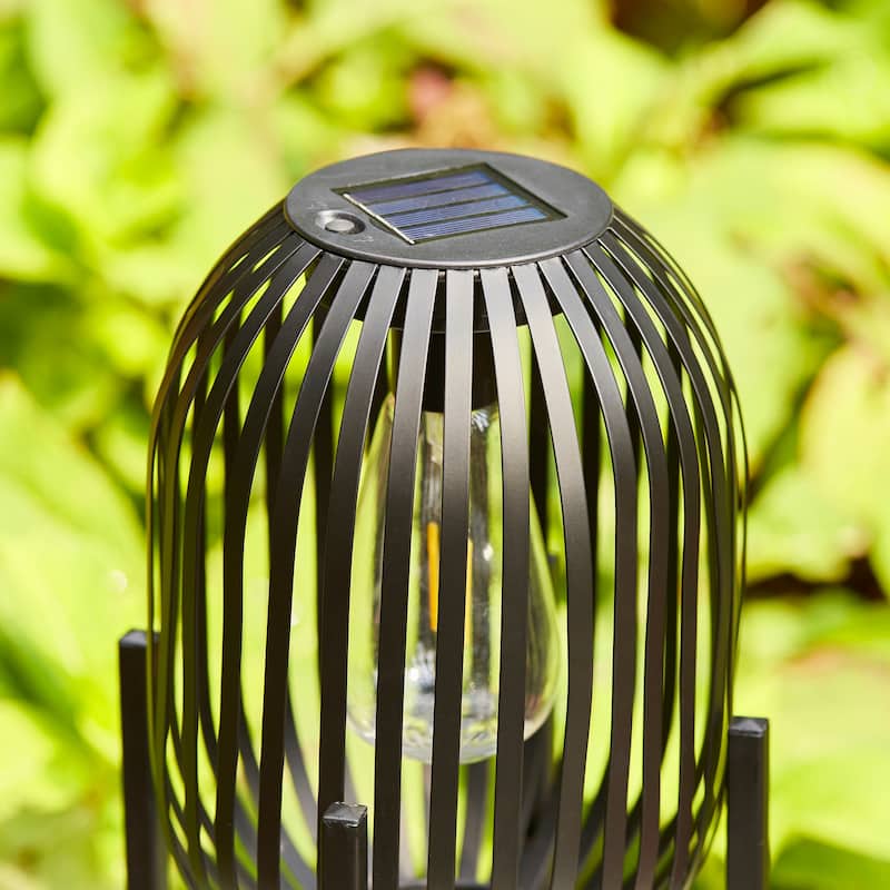 Glitzhome Outdoor Black Metal Striped Freestanding Solar Lantern Deck Lamp
