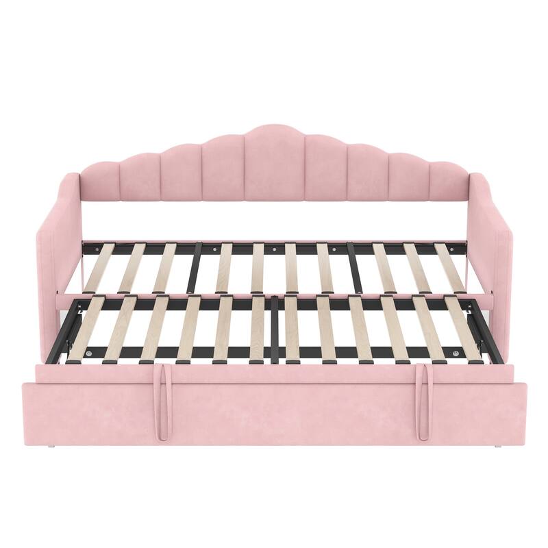 Upholstered Twin Size Daybed with Adjustable Height Pop Up Trundle Twin Bed and USB & Type-C Charging Port, Day Bed Frame