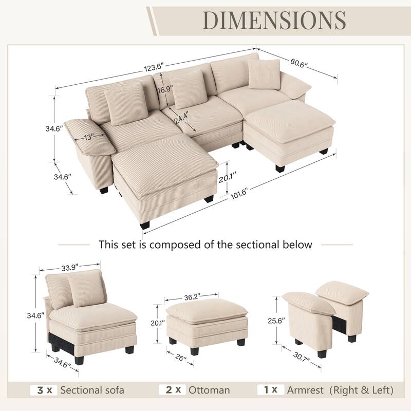 MAISON ARTS Modular Cloud Sectional Sofa, Comfy L- or U-Shaped Couch with Ottomans & Pillows, 4–6 Seat Living Room Sofa