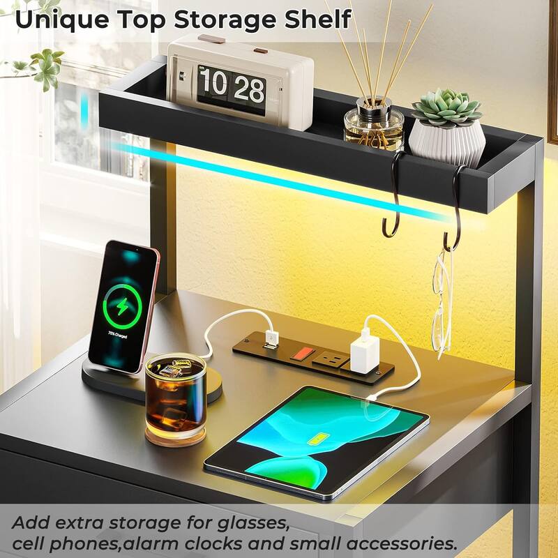 Nightstand Charging Station LED Lights End Table 3 Drawers