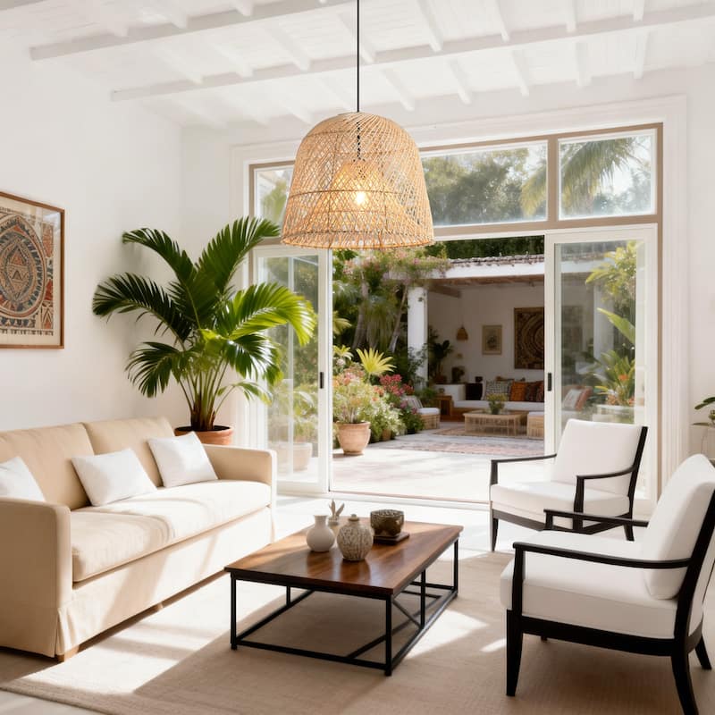 1-Light Coastal Retro Brown Rattan Hand-Woven Cloche Hanging Basket Pendant Light - 14.9" W x 59" H