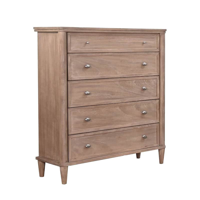 Flora Tall Dresser Chest with 5 Drawers, Tapered Legs, Oak Mindi Wood