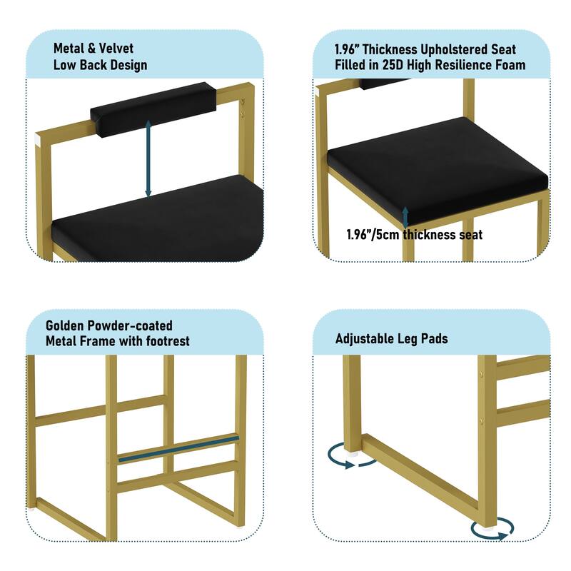 Modern Velvet Counter Height Bar Stools with Low Backrest Set of 2 Upholstered Dining Stools for Kitchen Island (Gold & Black)