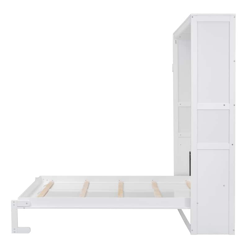 White Queen Size Murphy Wall Bed with Shelves and Mattress Holder, Space-Saving Cabinet Design