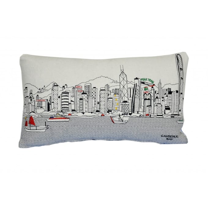 24" White Hong Kong Daylight Skyline Lumbar Decorative Pillow