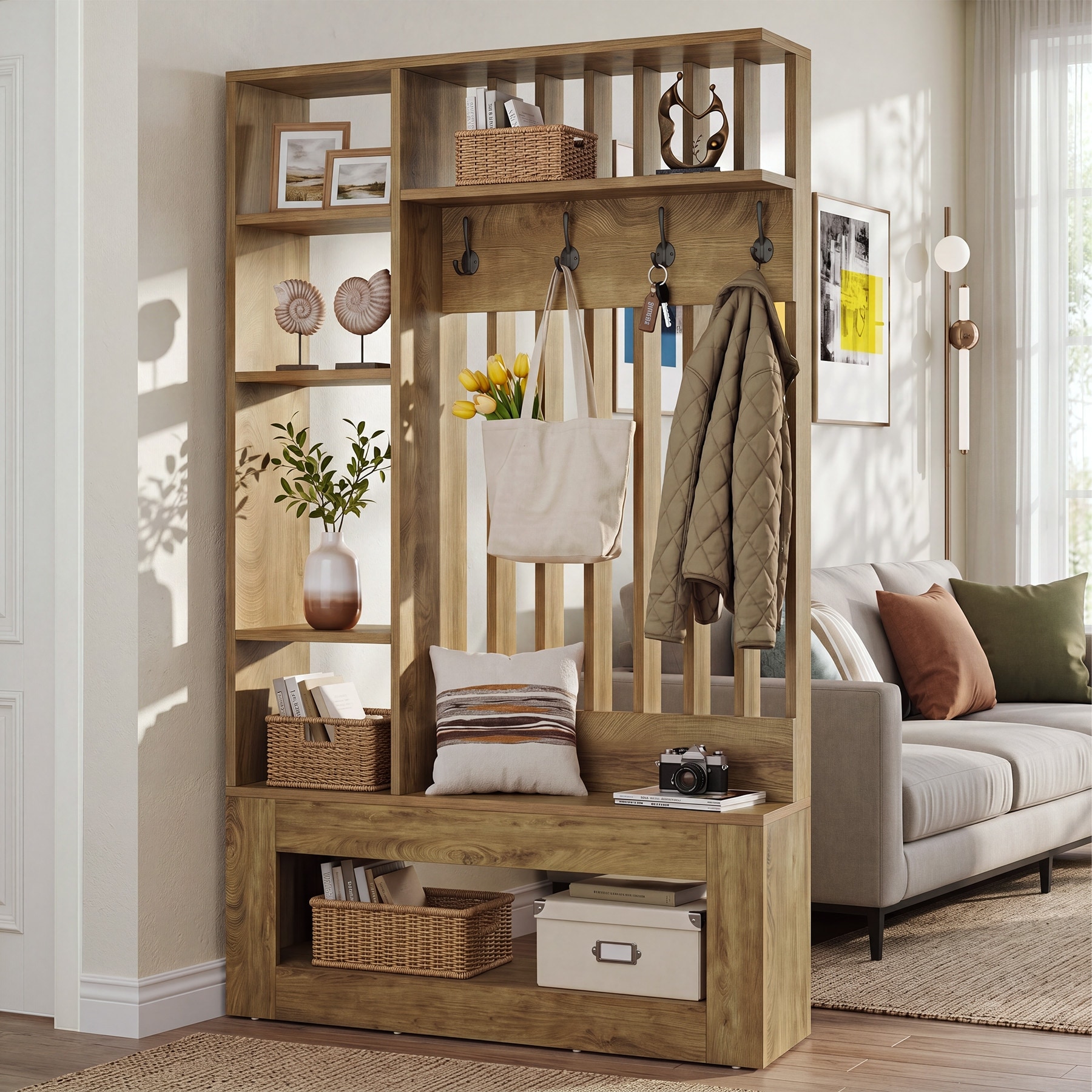 5-in-1 Room Divider with Storage Shelves, Bench, Shoe Rack and 4 Hooks - 39.37" W × 11.81" D × 70.87" H