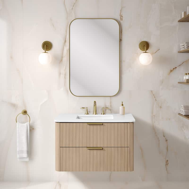 Amara 36 in. Sahara Birch Vanity with White Top and Brushed Gold Hardware