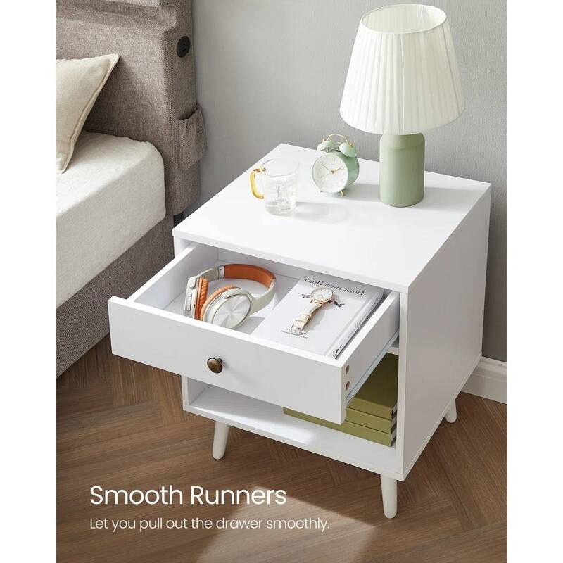 Mid Century Modern 1 Drawer Nightstand with Open Shelf Pinewood Legs