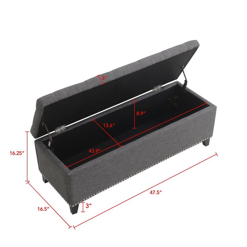 47.5" Storage Ottoman, Storage Bench with Safety Close Hinge, Linen Button-Tufted Ottoman for Living Room