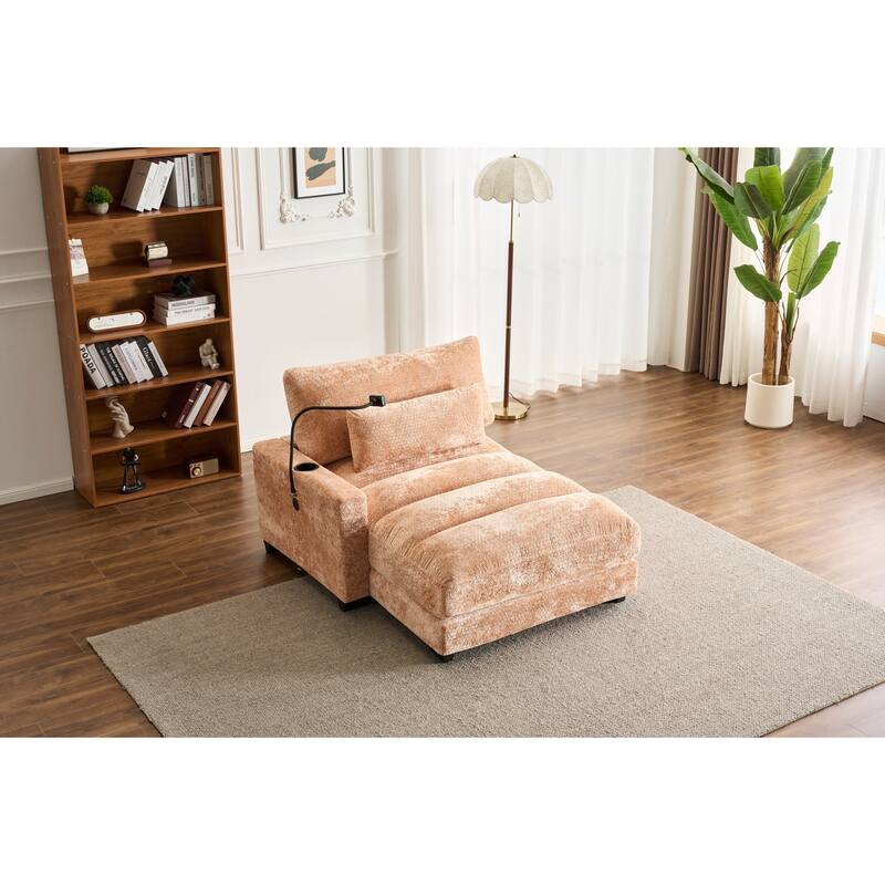 Chenille Single Sofa Chair Chaise Lounge with Phone Holder, Upholstered Recliner Sleeper Sofa Bed for Living Room