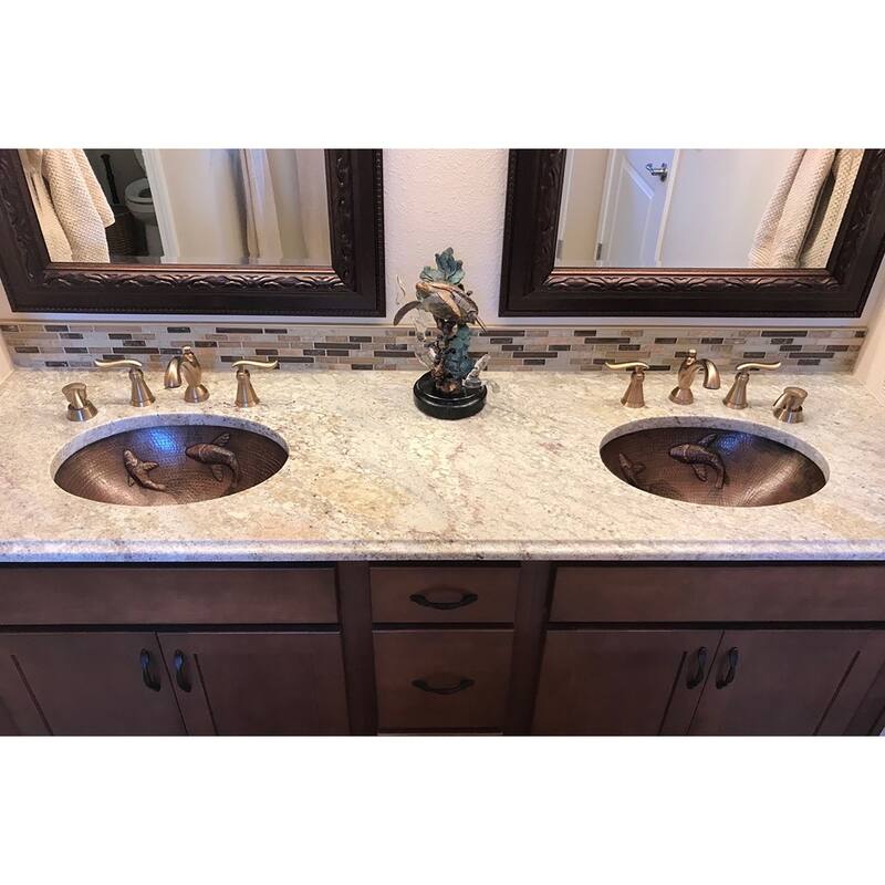 19-in Oval Under Counter Hammered Copper Bathroom Sink with Koi Fish Design (LO19FKOIDB)