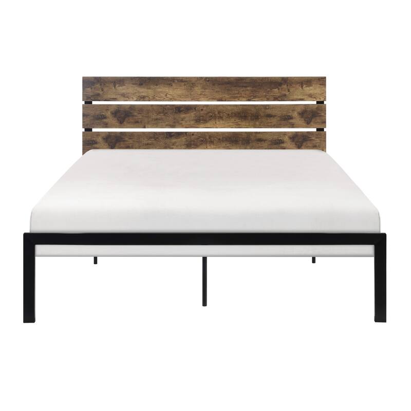 Mars Queen Platform Bed, Brown Faux Wood Slat Headboard, Black Metal Frame