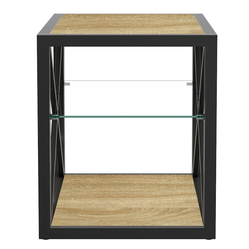 1 piece Modern End Table Nightstand, Tempered Glass&Natural Wood MDF Top ,Industrial Style Side Table