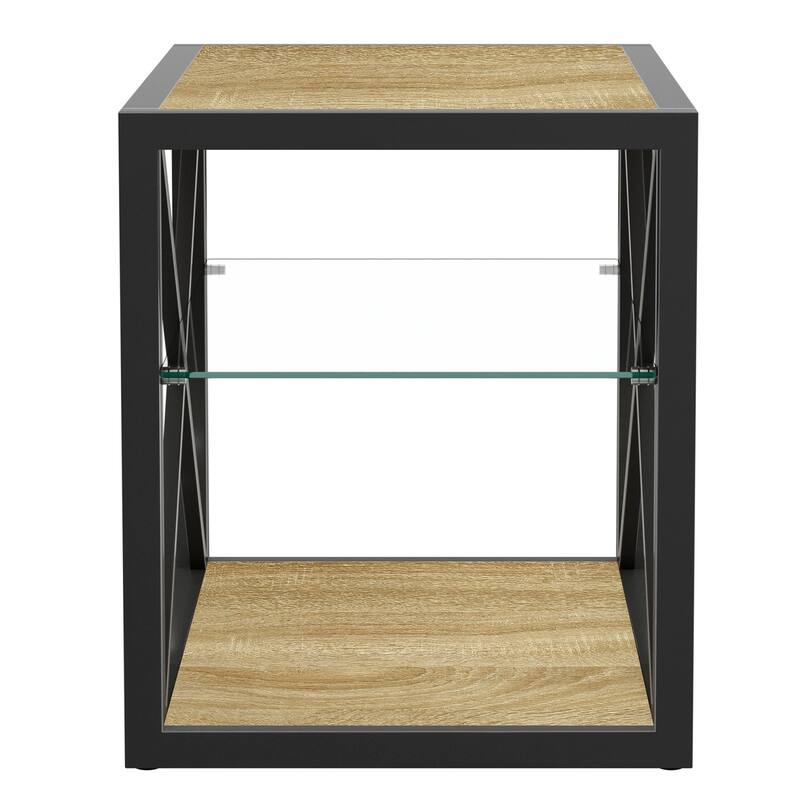 Anmytek Industrial 3 Tier Side Table with Glass Shelf Black Metal End Table for Living Room