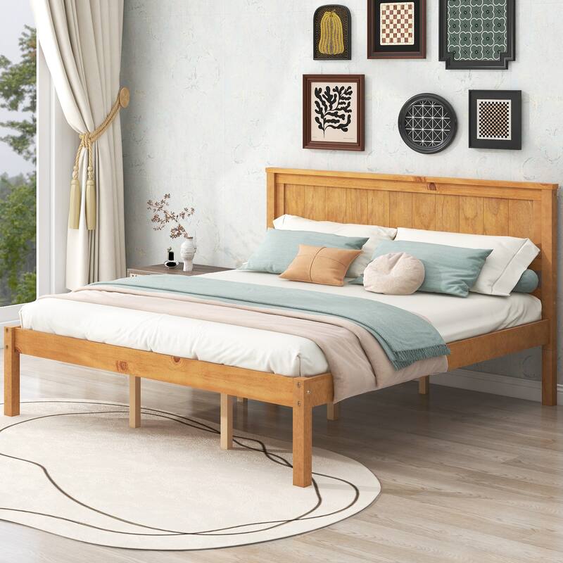Pine Wooden Platform Bed with Slat Support & Headboard