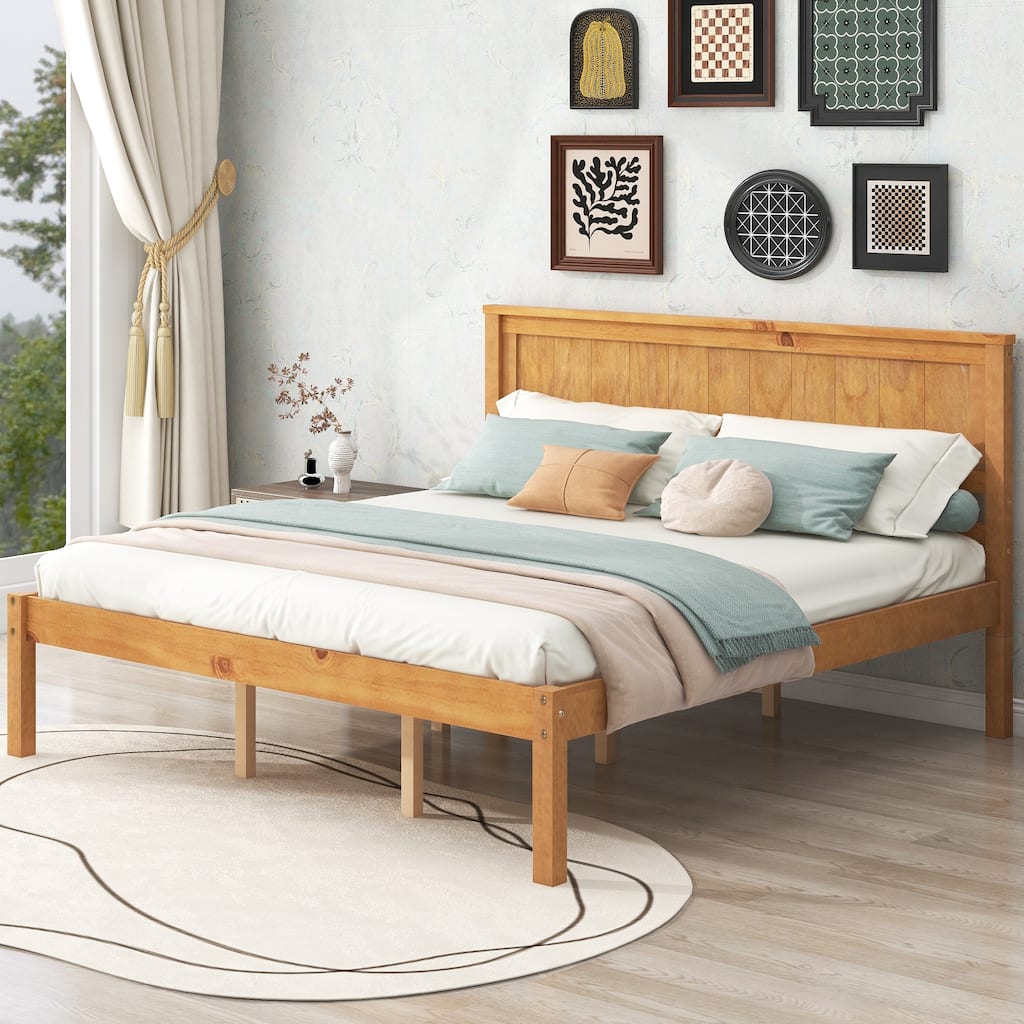 Queen Size Pine Wooden Platform Bed with Headboard and Wood Slat Support for Bedroom