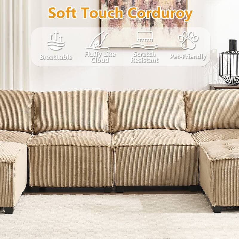 Ergonomic Lounge Modular Couch Corduroy Sectional Sofa with Deep Seat Ottoman Chaise and High-Rebound Thick Cushions