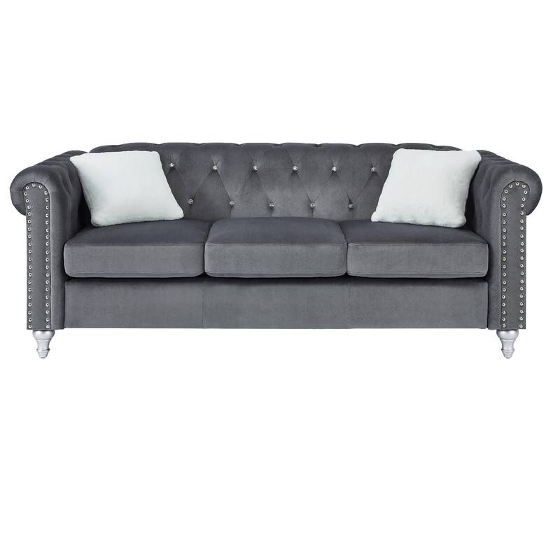 Tufted Faux Jewel Velvet 3-Seater Sofa with Throw Pillows - 83" - Gray