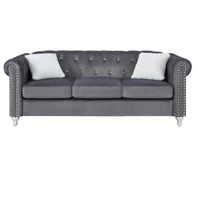 Tufted Faux Jewel Velvet 3-Seater Sofa with Throw Pillows - 83" - Gray
