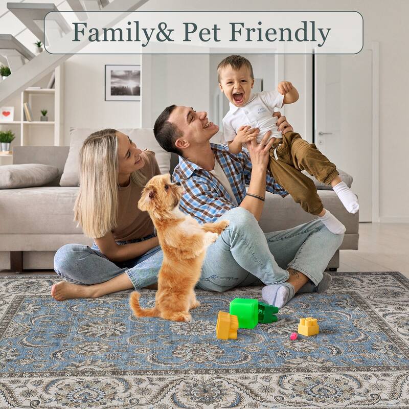 Washable Area Rugs for Living Room Stain Resistant Carpet Vintage Rugs Bedroom Low Pile Non Slip Accent Carpet