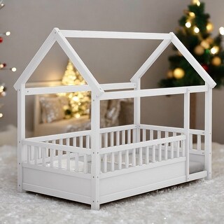 Twin Size Floor Wooden Bed with House Roof Frame, Fence Guardrails,Grey