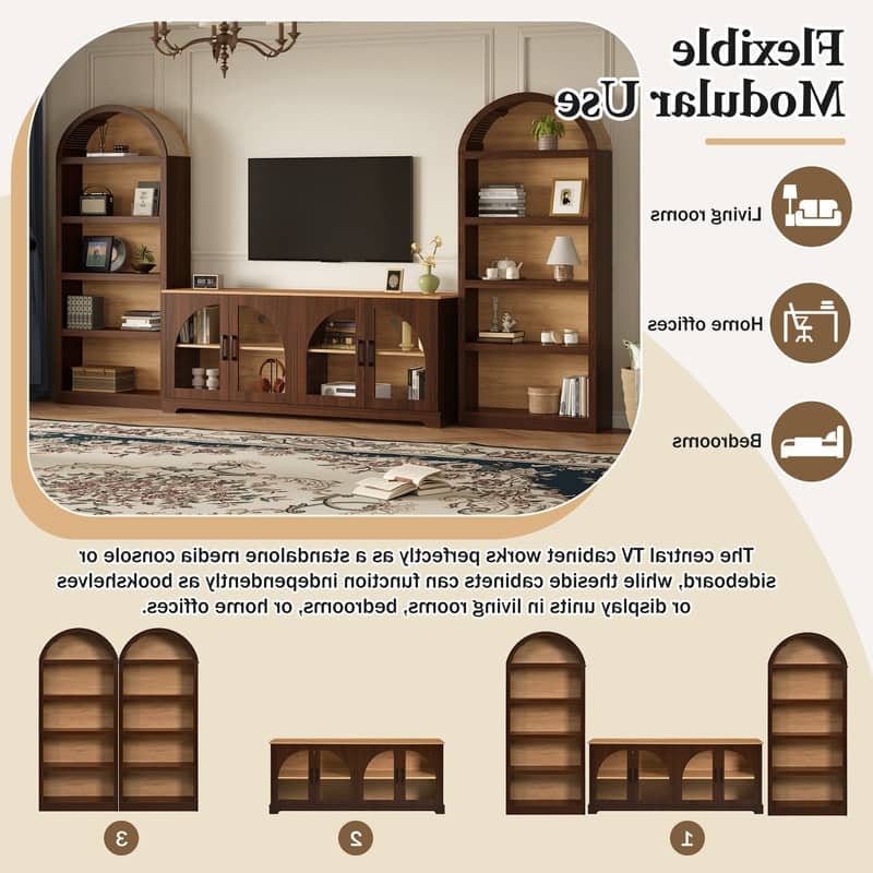 Farmhouse 3-Piece TV Stand Set for TVs Up to 70", Entertainment Center with Arched Sideboard and Glass Doors for Living Room