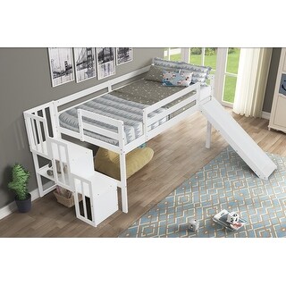 White Twin Size Pine Wood Loft Bed with Slide, Staircase, Storage, Full-length Guardrails