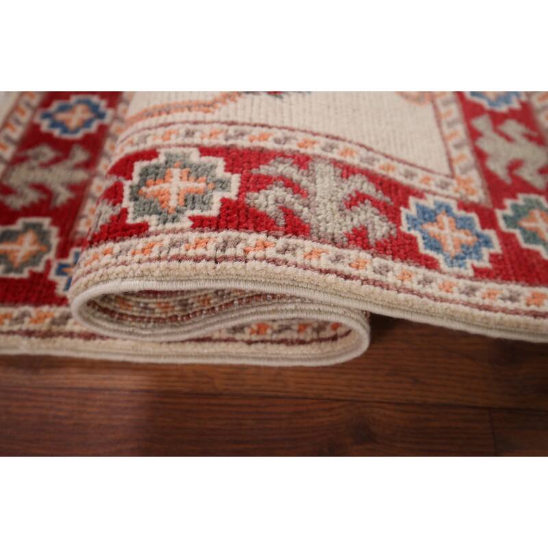Hand Knotted Oriental 100% Wool Carpet Traditional Geometric Beige & Ivories Kazak Area Rug - 2' 10'' X 1' 10''