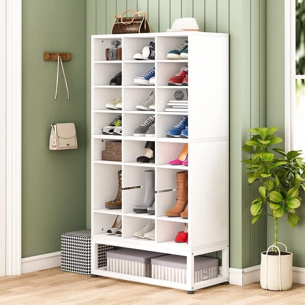 VASAGLE 7 Tier Vertical Shoe Rack, Narrow Shoe Storage Organizer with  Hooks, Slim Wooden Corner Shoe Tower Rack, Robust and Durable, Space Saving  for Entryway and Bedroom, White, Black