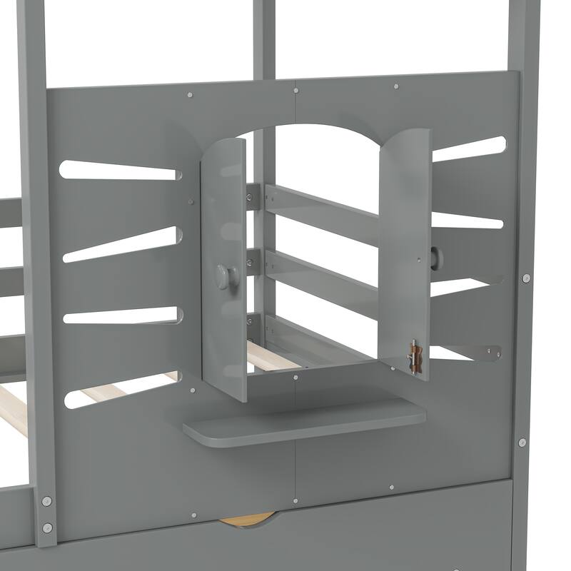 Twin Size House Bed with Guardrails, Storage Drawers, Roof, and Window Design