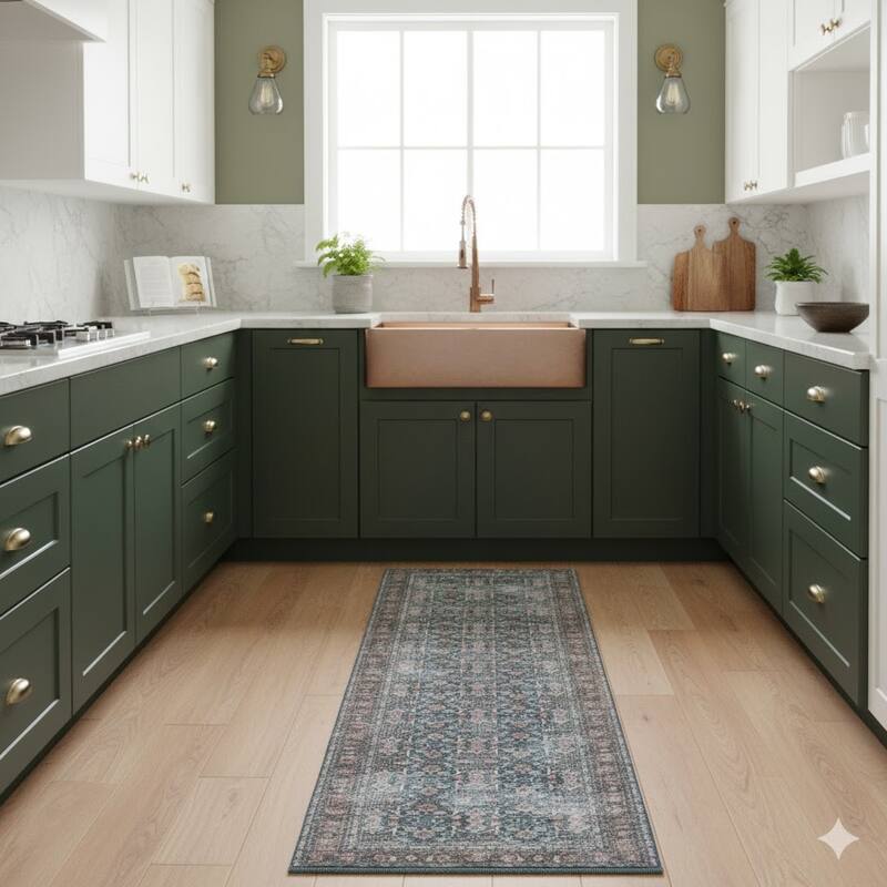 Alaska Machine-Washable Vintage Medallion Runner Area Rug - 2'7" x 10' - Blue/Green