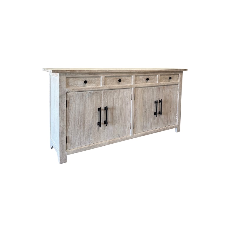 HomeRoots 79" White Distressed Solid Wood Paneled Four Drawer Sideboard with Four Doors - 79.00 in. x 38.00 in. x 17.00 in.