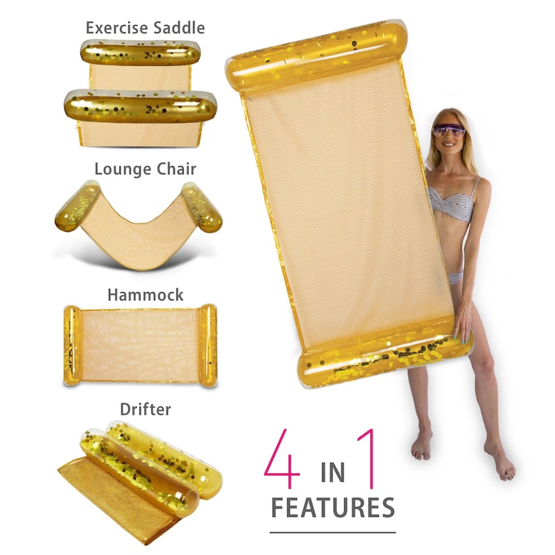 POZA Gold Inflatable Water Hammock Float Lounger Filled with Confetti - 56" x 30"