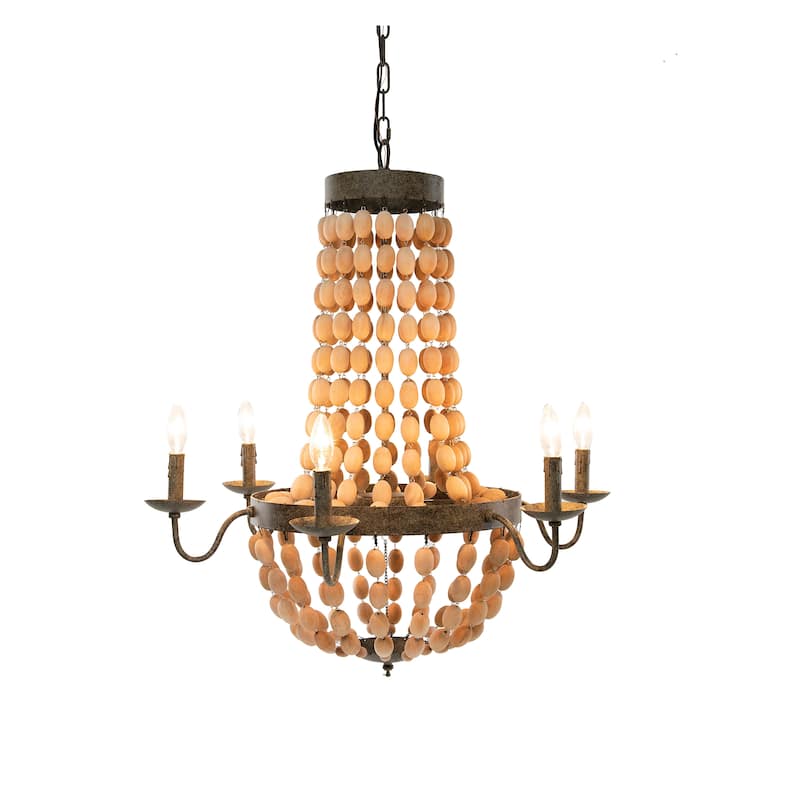 Metal Chandelier with Wood Beads & 6 Lights - Brown