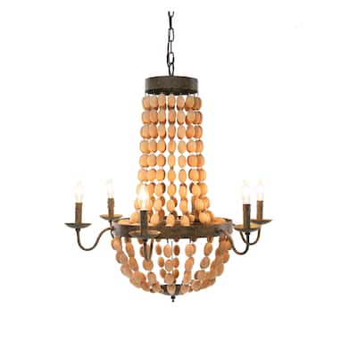 Metal Chandelier with Wood Beads & 6 Lights