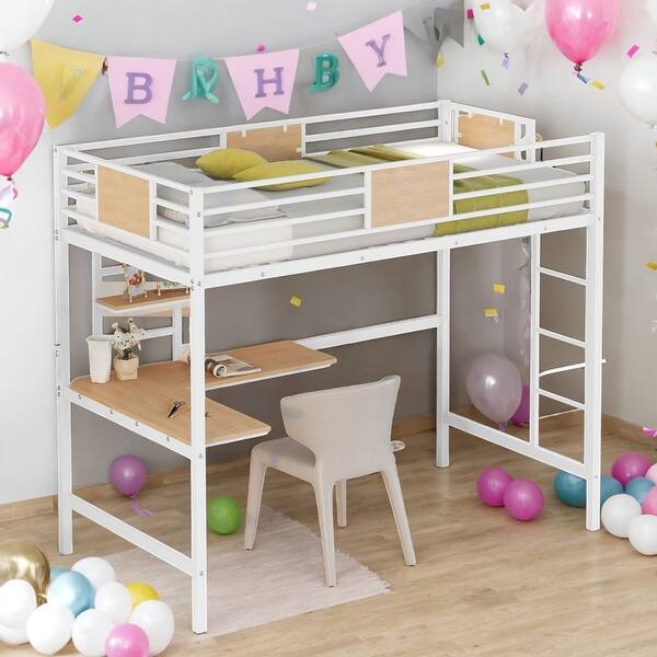 slide 2 of 26, Twin Size Loft Bed with Desk and Shelve for Home White