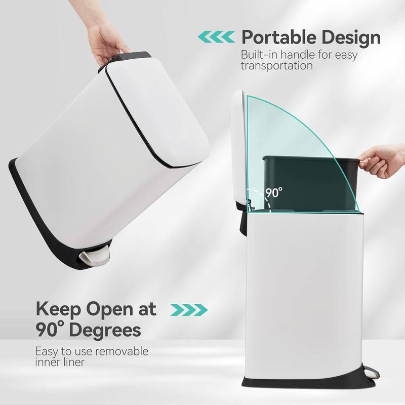 Bathroom Trash Can with Lid, Stainless Steel Kitchen Trash Can with 12 Liter for Kitchen or Bathroom, White