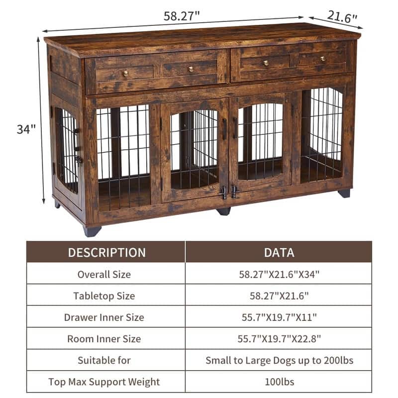 58" Wooden Dog Crate Furniture TV Stand withStorage Drawers